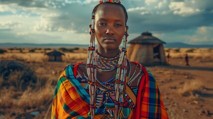Naklejka premium A woman in traditional dress with colorful jewelry and headdress, AI