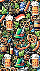 Obraz premium A detailed pattern showcasing Oktoberfest elements like beer mugs, sausages, pretzels, and the German flag. Great for festival-themed designs