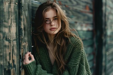 Fototapeta premium Young woman in a green sweater looks out intriguingly from behind rustic wooden slats