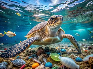 Fototapeta premium Sea turtle struggles to swim through a sea of plastic waste, surrounded by discarded bottles, highlighting the devastating impact of marine pollution on wildlife habitats.