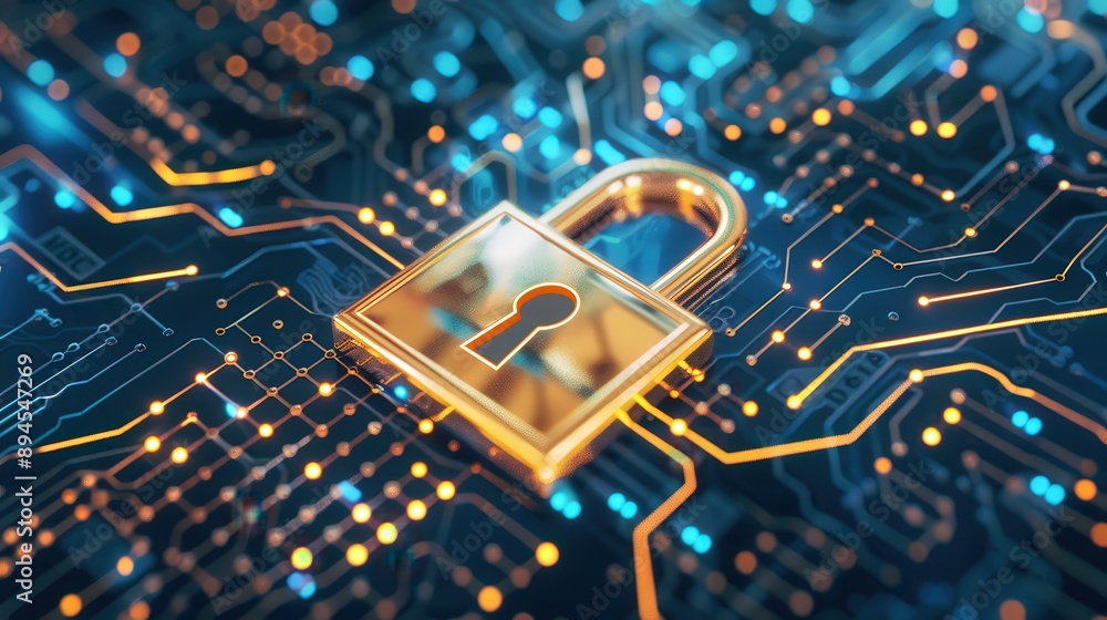 Poster a computer chip with a key on it. concept of security and protection