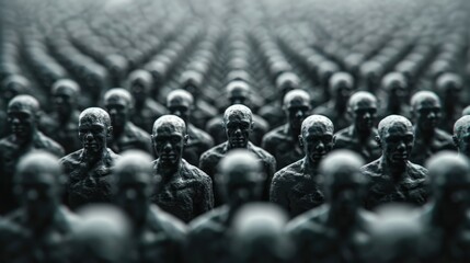 Fototapeta premium A group of people are standing in a line, all of them looking at the camera. The image has a somber and eerie mood, as if the people are frozen in time or in a state of suspended animation