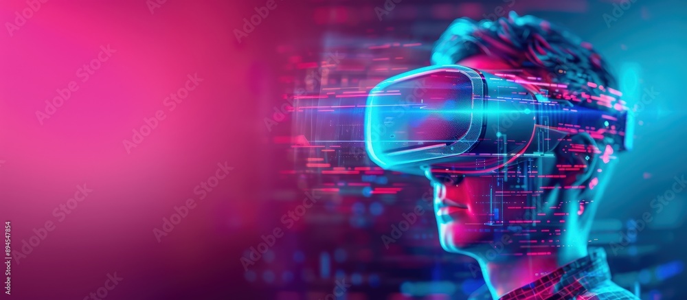 Poster a man is wearing a virtual reality headset and looking at a computer screen. the image is a colorful