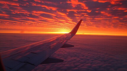 Airplane wing with a beautiful sunset view from the passenger window, showcasing the beauty of air...