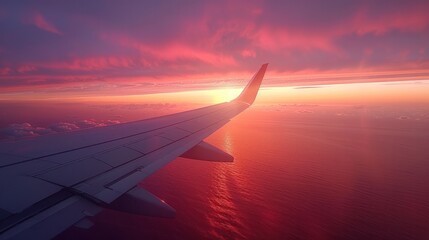 Fototapeta premium Airplane wing with a beautiful sunset view from the passenger window, showcasing the beauty of air travel