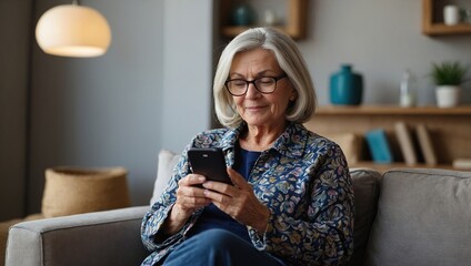 Relaxed mature old 60s woman, older middle aged female customer holding smartphone using mobile app, texting message, search ecommerce offers on cell phone technology device sitting on couch at home 