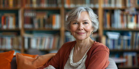 Smiling elderly woman in a library sitting on a sofa with bookshelves in the background