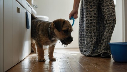 genrative ai A small brown dog sits on a wooden floor near the door of a house with copy space, a playful puppy greets its owner
