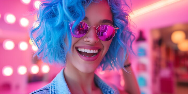 Young woman with curly blue hair and pink sunglasses, smiling in a neon-lit store - Powered by Adobe