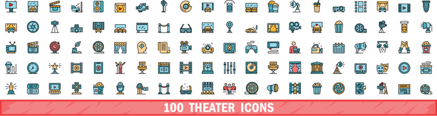 100 theater icons set. Color line set of theater vector icons thin line color flat on white