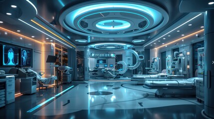 A futuristic hospital with robotic surgery and AI-assisted care
