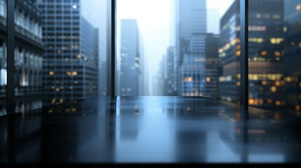 Obraz premium A blurry view of a cityscape through an office window.