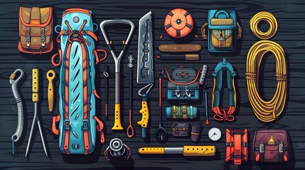 Obraz premium rock climbing and travel equipment on dark wooden background. 