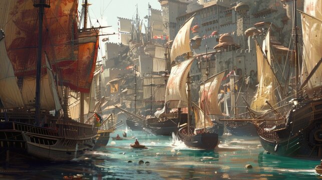 A vibrant historical port city comes to life, with colorful sailing ships, bustling activity, and medieval architecture adding to the lively scene.