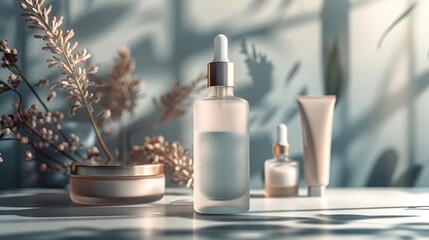 A 3D illustration showcasing a minimalist skincare product scene A sleek, frosted glass bottle with a dropper cap stands elegantly in the foreground while other skincare essentials like a jar of