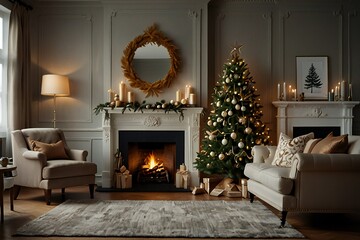 genrative ai a living room with a fireplace decorated for christmas trees, presents and decorations
