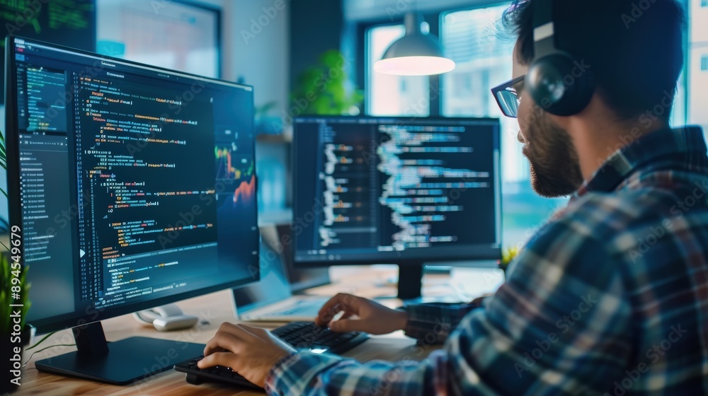 Poster a man is sitting at a desk with two computer monitors in front of him. he is typing on a keyboard an