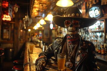 Skeleton cowboy at a bar with a drink in hand