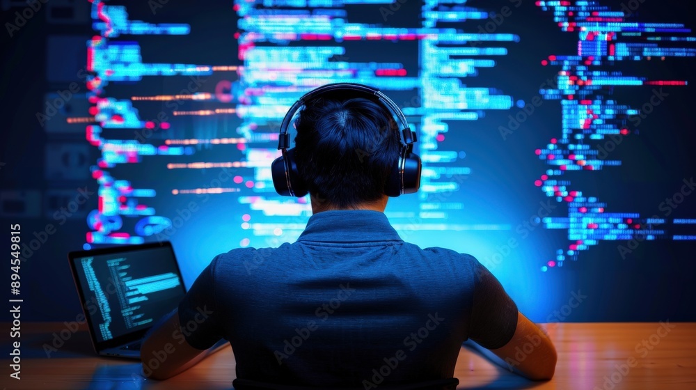 Poster a man wearing headphones is sitting in front of a computer screen with a blue background. he is focu