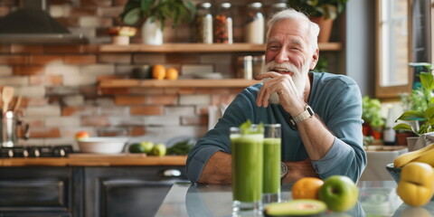 Elderly man drinking a green smoothie in a kitchen