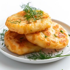 three potato pancakes with dill on a white plate