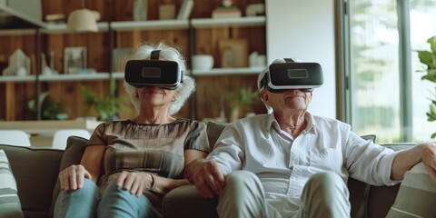 Elderly couple wearing VR headsets, sitting on a couch and holding hands