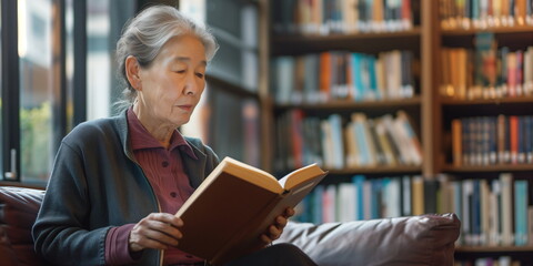 Elderly woman reading a book in a library