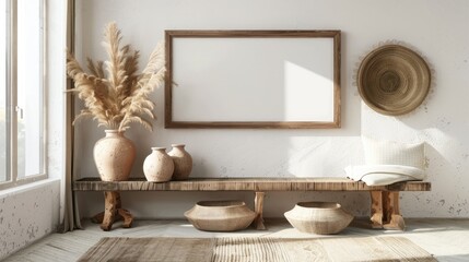 Obraz premium Boho living room with wooden frame mockup, vases, and dry grass on a bench table.