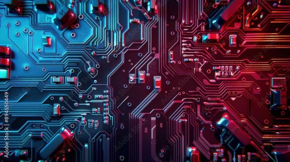 Aufkleber a close up of a circuit board with a red and blue background. the board is made up of many small squ