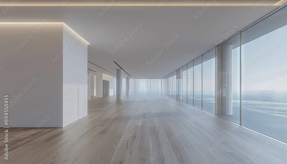 Aufkleber Spacious and modern empty office interior with large windows and sleek wooden flooring, ideal for workspace concepts.