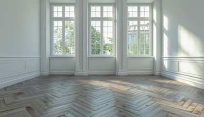 Bright, elegant room with large windows, showcasing herringbone wood flooring and a serene atmosphere, perfect for interior design.