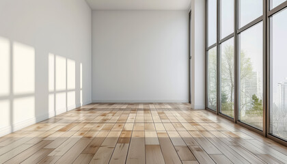 Obraz premium Bright and spacious empty room with large windows and wooden flooring, ideal for interior design and renovation projects.