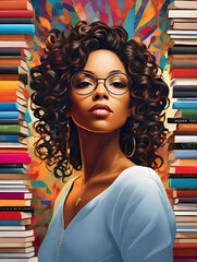 Portrait of a Confident Woman with Curly Hair and Glasses, Standing Against a Vibrant Background, Surrounded by Stacks of Books