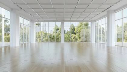 Obraz premium Spacious and bright room with large windows offering a view of greenery, perfect for events or creative spaces.