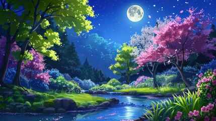 Serene night landscape featuring a tranquil river, vibrant flowers, and a bright full moon illuminating a colorful forest