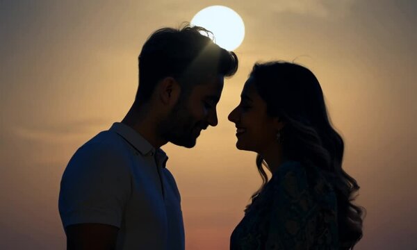 Cute couple looks at each other against the background of a full moon romantically
