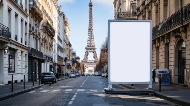 A large white billboard sits in the middle of a busy city street. The billboard is empty, but it is surrounded by cars and pedestrians. The scene is bustling and lively
