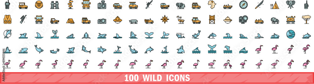 Poster 100 wild icons set. color line set of wild vector icons thin line color flat on white