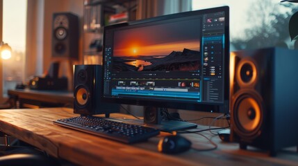 Modern Home Office with High-End Computer Setup for Video Editing and Creative Work at Sunset