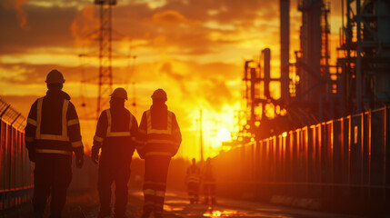 Fototapeta premium Silhouetted workers in safety gear at an industrial site with the setting sun in the background, highlighting teamwork and labor.