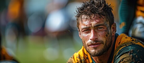 Obraz premium Muddy Rugby Player with Determined Gaze