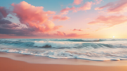 Fototapeta premium Tropical beach. Sunset on the sea waves.