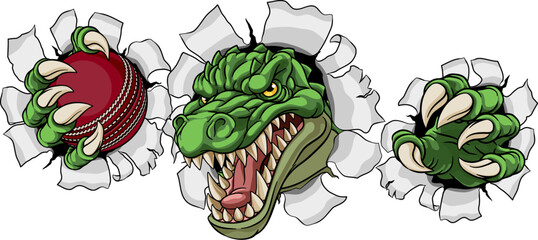 A crocodile, dinosaur or alligator lizard sports mascot holding a cricket ball © Christos Georghiou