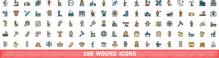 Fototapeta premium 100 wound icons set. Color line set of wound vector icons thin line color flat on white