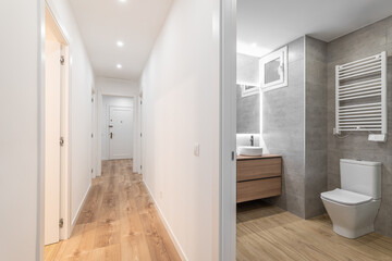 The hallway boasts a sleek wooden floor and a modern bathroom with contemporary design