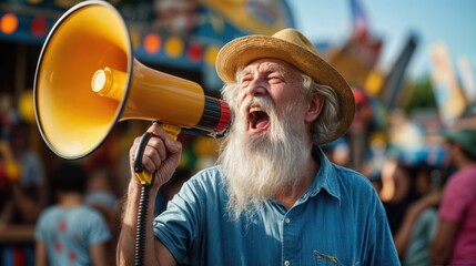 Joyful elderly man with a white beard holding a megaphone, excitedly shouting at a summer fair. Screaming in megaphone. Business announcement or communication concept