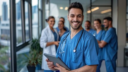 Cheerful handsome surgeon doctor in blue scrubs holding a digital tablet computer, a portrait of a male doctor wearing a uniform and a stethoscope working in a hospital or the clinic hall background.