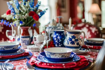 Luxurious table arrangement with blue and white porcelain dinnerware amid floral accents