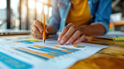 Close-up of a person analyzing financial charts with a pencil, focusing on data and business strategy.