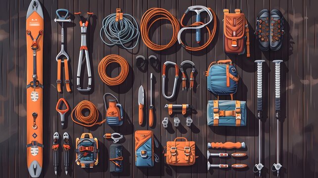 rock climbing and travel equipment on dark wooden background. 